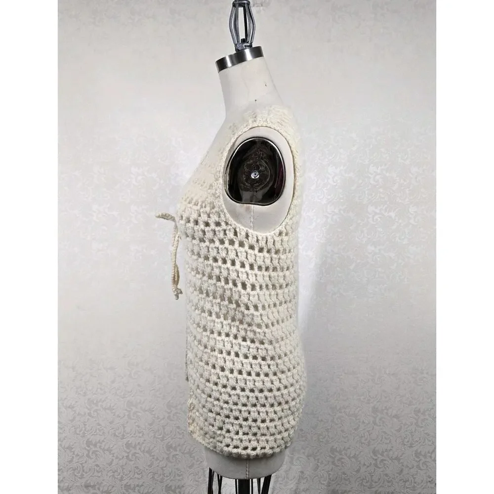 Vintage Bellariva Crochet Vest M Cream 100% Wool Italy Boho Cottagecore Festival
